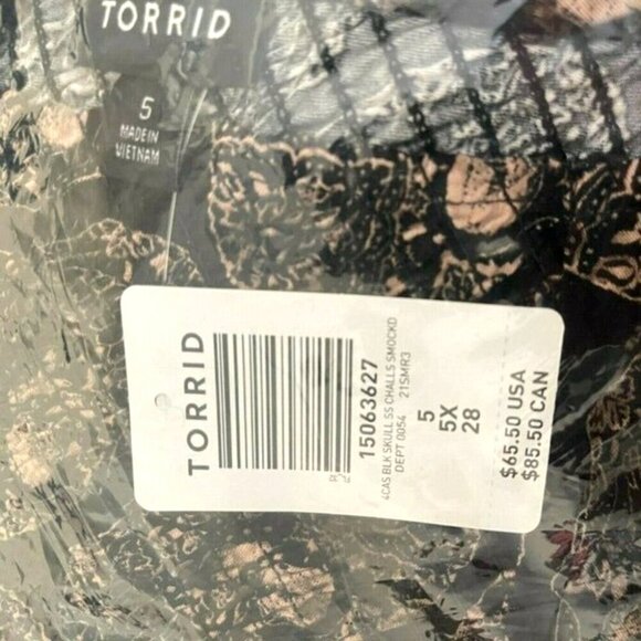 Torrid +5 Black-Beige Skull Print Shirred Bodice Side Pockets Short Sleeve Dress - Picture 6 of 6